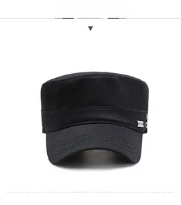Front view of black flat top cotton army cap with metal side logo and curved brim