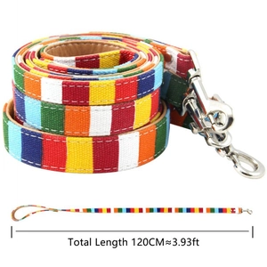 Rainbow striped canvas pet leash with a 120cm length and rotating metal hook