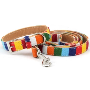 Detail of rainbow canvas pet collar and leash set with premium leather lining and metal buckle