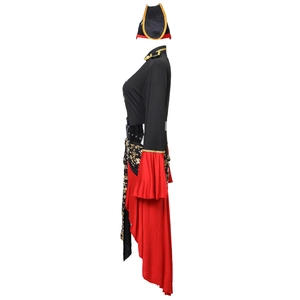 Side view detail of the pirate costume showing the hat, jacket and red layered skirt.