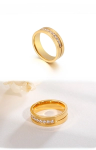 Vue détaillée d'une bague en titane plaqué or avec des pierres de zircon serti canal