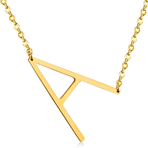 Detail of a polished 18K gold plated stainless steel letter A pendant necklace
