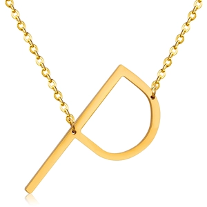 Macro shot of 18K gold-plated stainless steel letter P pendant necklace on white background