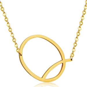 Macro detail of a 18K gold-plated stainless steel necklace with stylized letter Q pendant