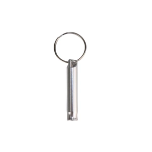 Silver aluminum emergency whistle with keychain attachment on a white background
