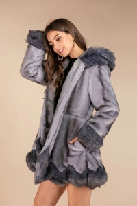 Detail of grey faux fur coat featuring hooded design and contrast charcoal fur trim details
