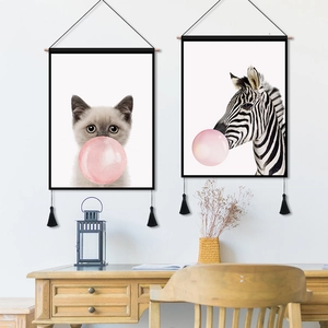 Nordic wall hanging scrolls with cat and zebra art, wood rods and black tassels