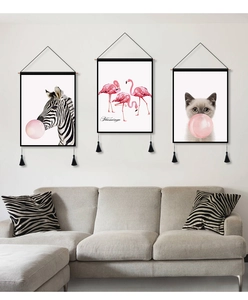 Three-piece wall hanging decor set with animal pink bubble gum prints and black tassels