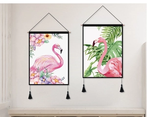Nordic flamingo tapestries with tropical leaves and floral patterns with black tassels