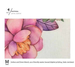 Macro detail of cotton linen tapestry showing floral print and woven fabric texture