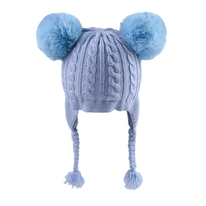 Light blue knit baby hat with double faux fur pom poms and cozy earflaps