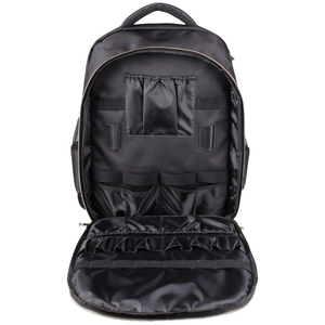 Black barber tool backpack with internal compartments and elastic straps for hair tools
