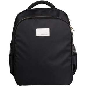 Front view of black professional barber backpack with nylon material and mesh pockets