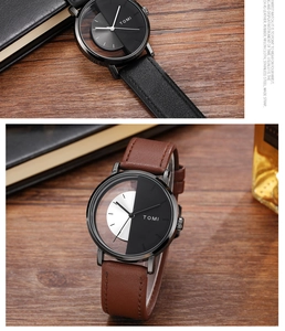 Macro shot of TOMI quartz watches with unique translucent dials on dark wood background