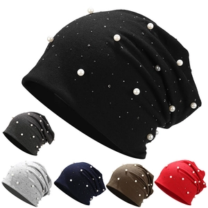 Slouchy Beanie Hat Cotton Polyester Blend With Artificial Pearls And Rhinestones Warm Knit Cap For Women Autumn Winter Fashion