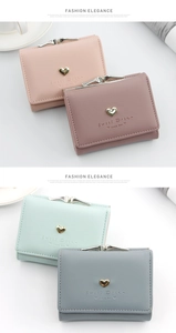 Short tri-fold wallets in pastel leather with gold heart clasp and embossed lettering