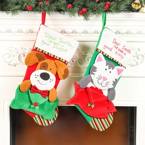 Christmas Stocking Non-Woven Brushed Fabric 3D Cartoon Cat Dog Hanging Fireplace Decoration Holiday Party Gift Bag Novelty
