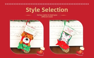 Detail of Christmas stockings with cute 3D cat and dog embroidery for holiday gifts