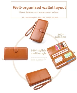 Detail view of caramel brown long leather wallet featuring multiple card slots and phone pocket