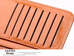 Detail view of brown leather wallet interior showing multiple card slots and fine stitching