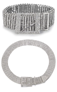 Detail of a luxury wide silver rhinestone belt featuring a square buckle and multi-row crystals