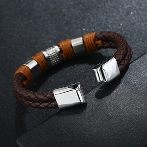 Men's double-layered brown braided leather bracelet with stainless steel magnetic clasp