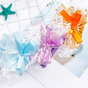 Lolita lace socks with princess bow details in blue, purple, and orange color options