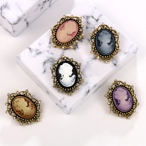 Vintage cameo lady brooches with crystal frames and classical goddess profile design