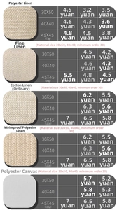 Size chart showing fabric types and weight specs for Lucky Cat series pillow covers