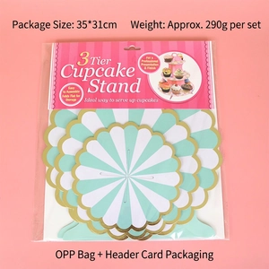 Three-tier mint green disposable paper cupcake stand with gold wavy edges in packaging