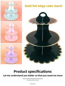 Three-tier cardboard cupcake stand with gold foil scalloped edges in multiple colors