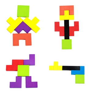 Educational wooden tetris puzzle with colorful geometric blocks for toddlers to play