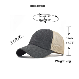 Detailed size chart for washed cotton mesh baseball cap with 54-60cm head circumference