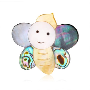 Macro detail of bee brooch with colorful abalone shell wings and pearlescent body