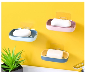 Wall-mounted plastic soap dish set with self-adhesive design and drainage holes