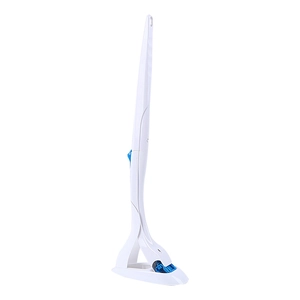 White disposable toilet brush set with blue cleaning head and a vertical base stand