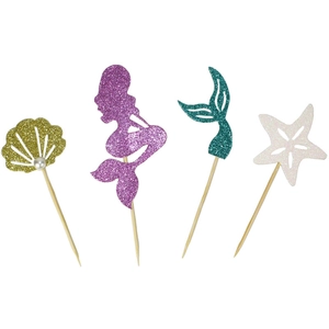 Glittery mermaid princess cupcake toppers with shell mermaid fish tail and starfish designs