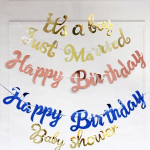 Metallic glitter banners for party decor with Just Married and Happy Birthday text