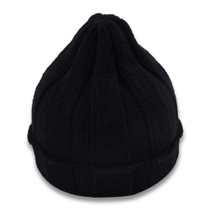 Close-up of black ribbed knit beanie featuring thick folded cuff and elastic texture