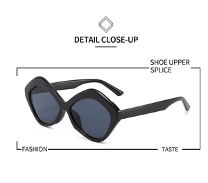 Detailed view of bold geometric black sunglasses frame with premium grey tinted lenses