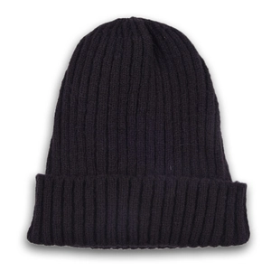 Detailed view of the ribbed knit texture and wide folded cuff of this black beanie hat