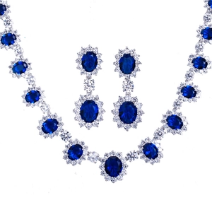 Parure de bijoux de mariée luxueuse avec pierres bleues ovales et collier en argent