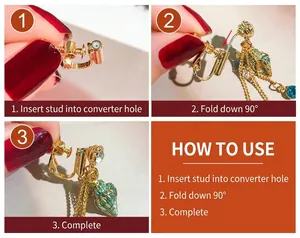 Three-step guide for gold screw-on earring converter for non-pierced ears