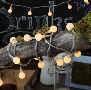 Close-up of warm LED globe string lights wrapped on a branch for camping ambiance