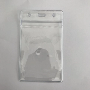 Close-up of vertical clear PVC badge holder with waterproof seal and top hanging holes