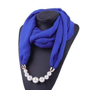 Chiffon Scarf Necklace With Faux Artificial Pearl Pendant Solid Color Lightweight Soft Neck Wrap Fashion Jewelry Accessories Women