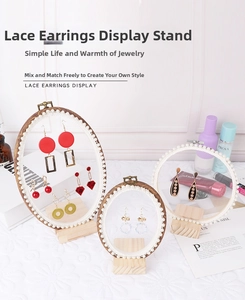 Three-piece lace earring display stand set with wooden frames and pearl borders