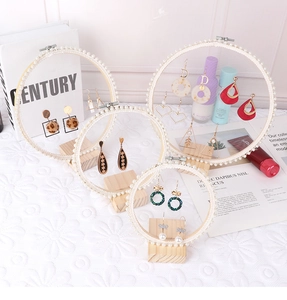 Lace and pearl jewelry display stand with solid wood base for earrings and jewelry