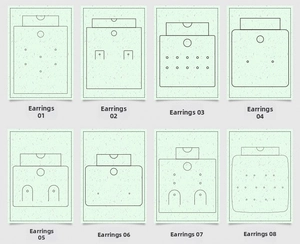 Macro layout of 8 earring display card templates with various hole patterns for jewelry