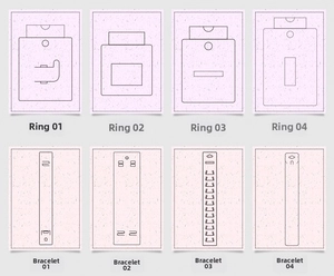 Technical layout showing 8 various jewelry display card hole designs for rings and bracelets